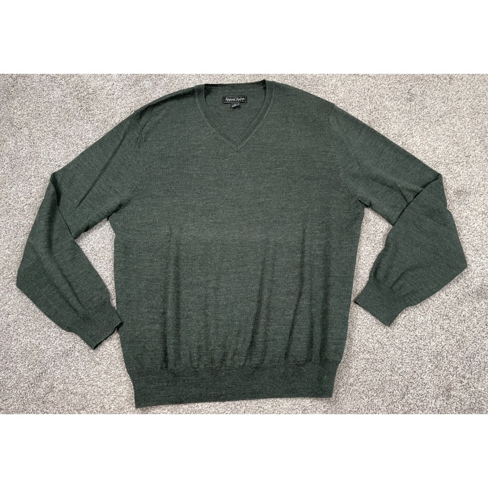 Kenneth Roberts Sweater Mens XL Green 100% Merino Wool V Neck Preppy Classic Top
